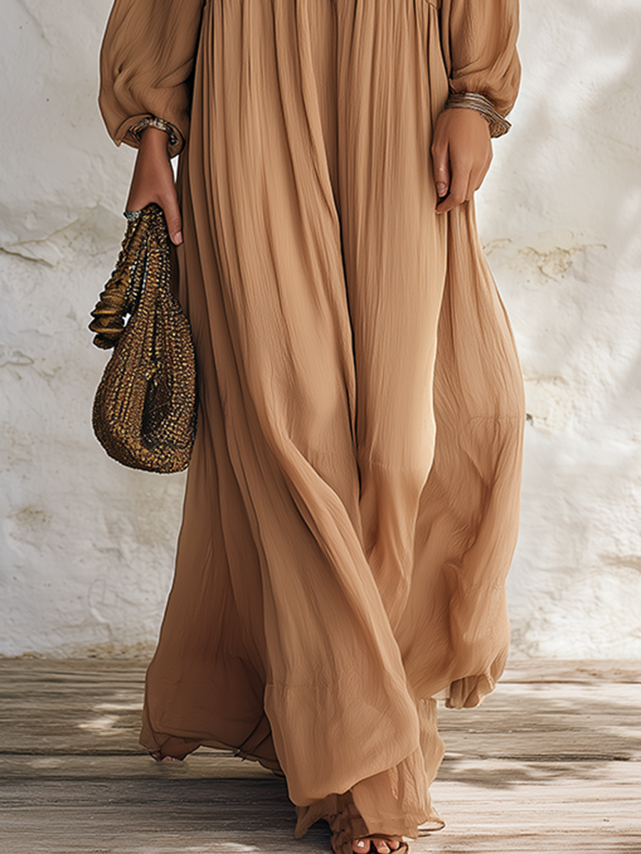 Resort-style V-neck Pleated Embroidered Long-sleeved Chiffon Maxi Dress