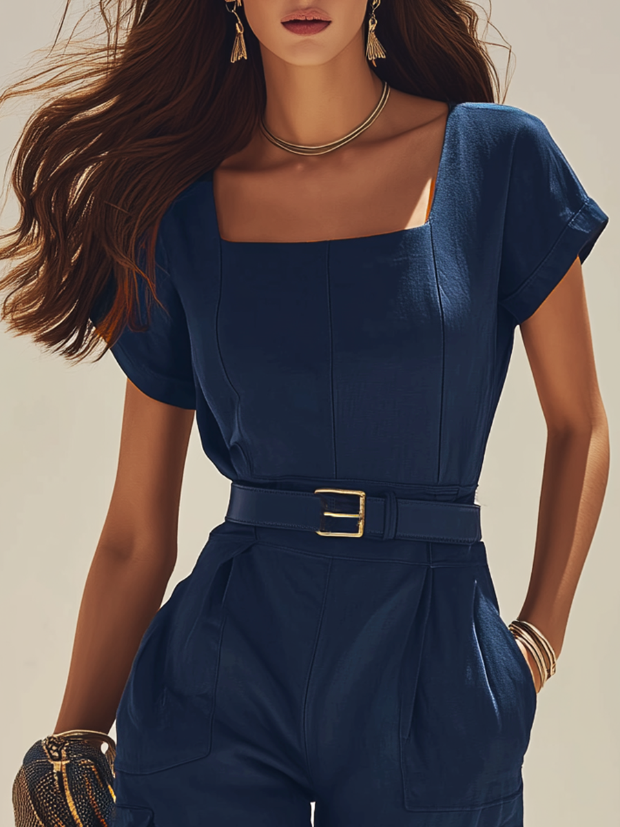 Retro Solid Color Square Neck Short-sleeved Jumpsuit