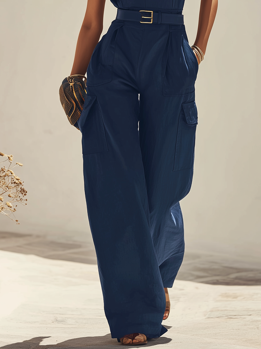 Retro Solid Color Square Neck Short-sleeved Jumpsuit