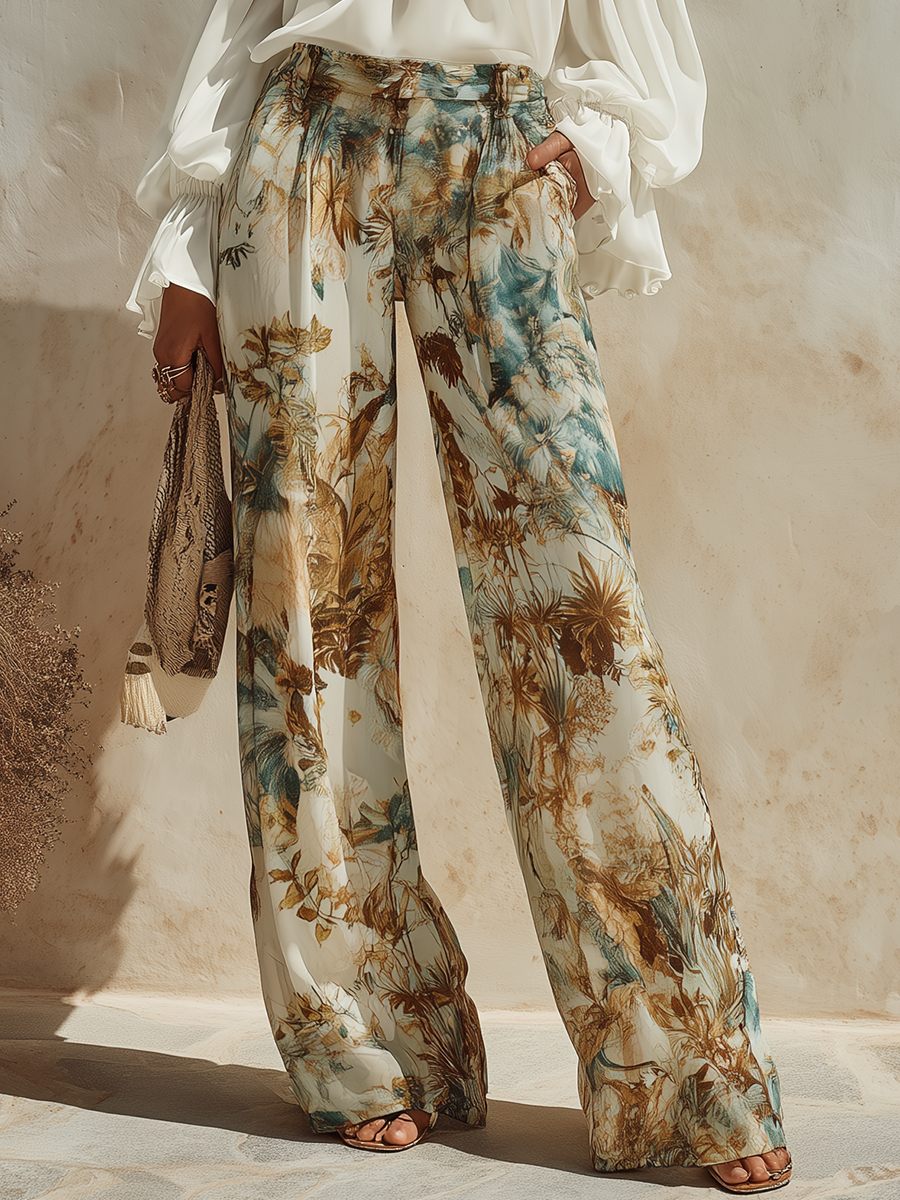 Vacation Elegant Off-the-shoulder Chiffon Blouse And Floral Print Flared Trousers