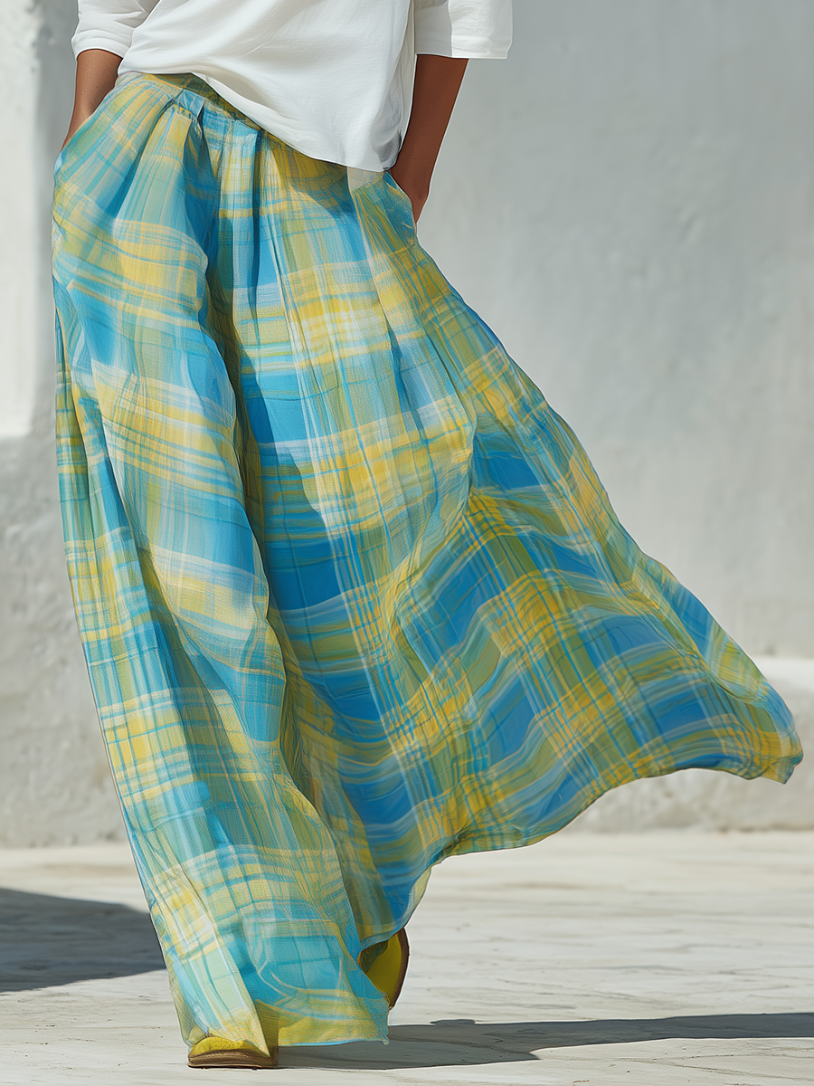 Vacation Casual One-shoulder Pure Cotton T-shirt And Plaid Chiffon Printed Wide-leg Skirt Pants