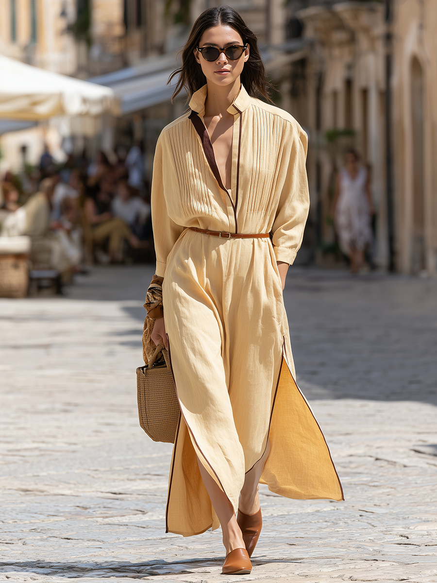 Elegant Contrast-Trim Belted Flowing Maxi Dress