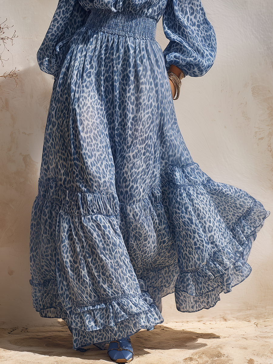Vacation Elegant Off-the-shoulder Leopard Print Chiffon Maxi Dress