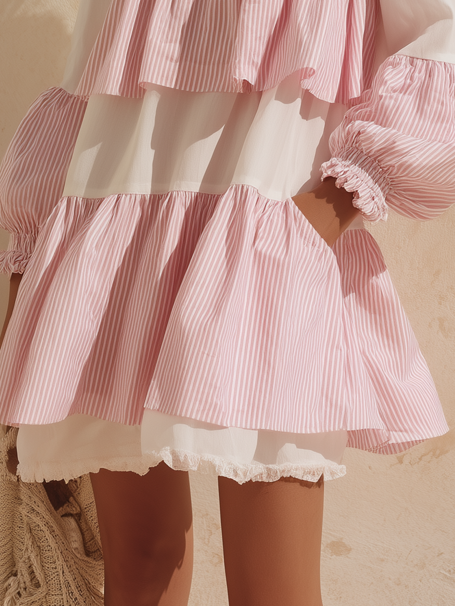 Chic And Relaxed Vacation-style Multi-layered Ruffled Mini Dress