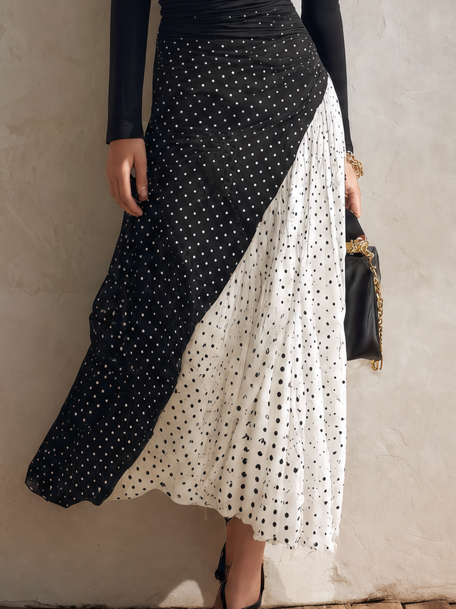 Vacation-style Cowl-neck Top And Polka-dot Chiffon Skirt Set