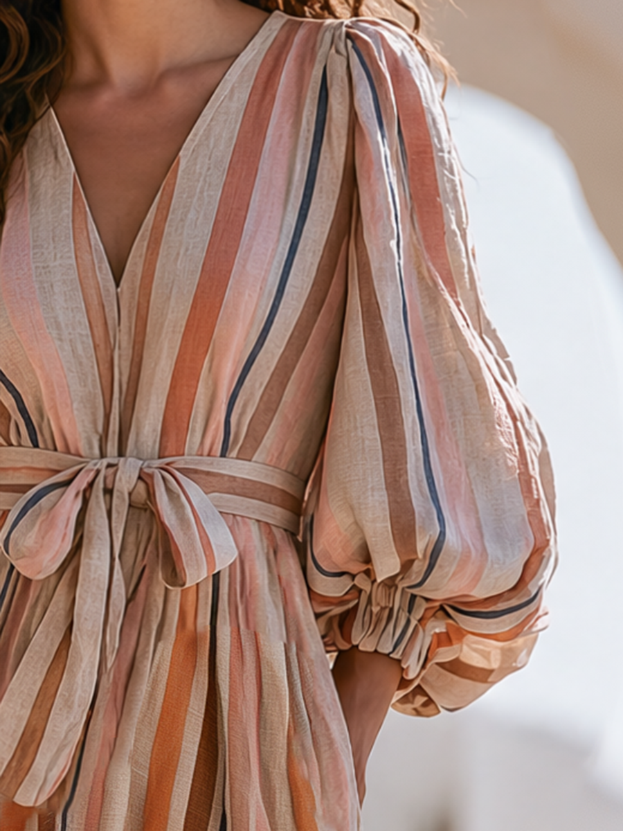 Sunset Stripe Tassel-Trim Belted Resort Maxi Dress
