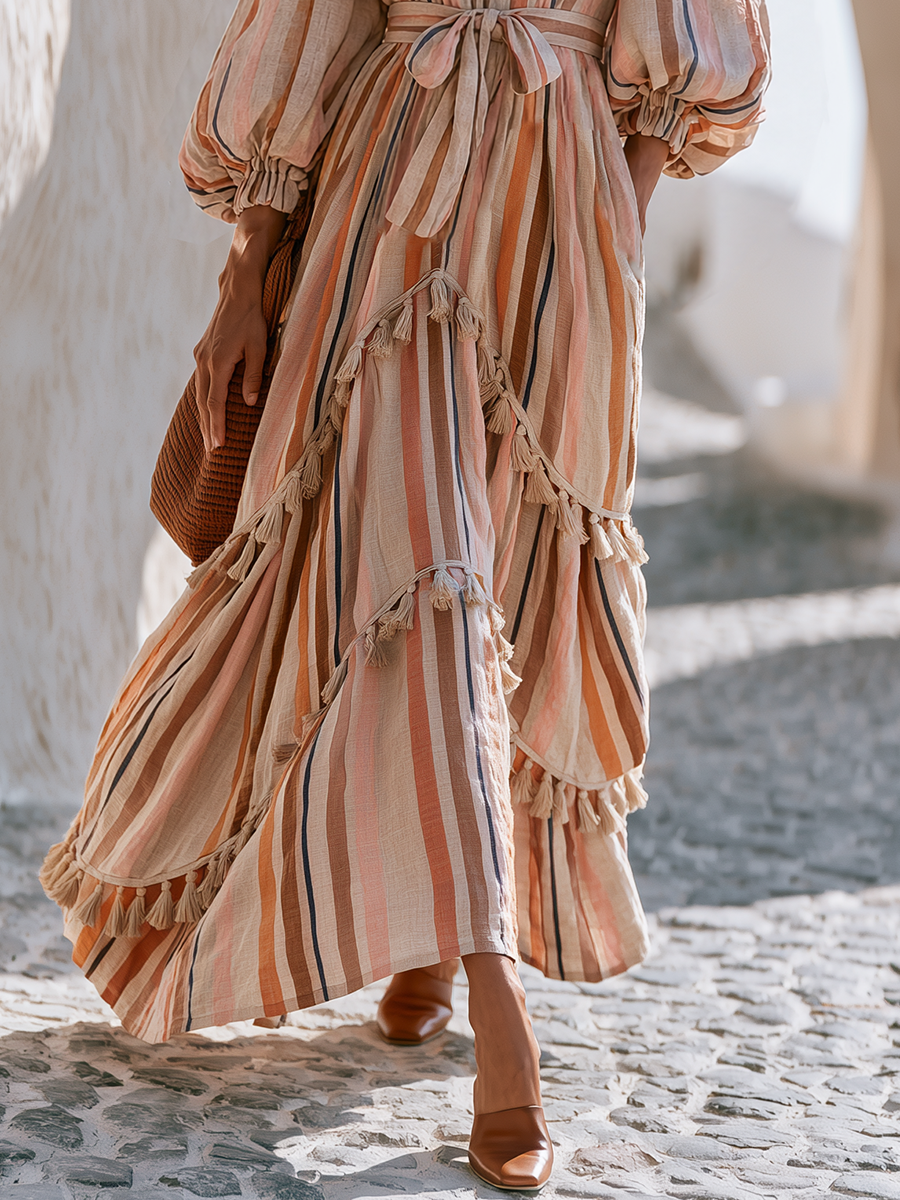 Sunset Stripe Tassel-Trim Belted Resort Maxi Dress