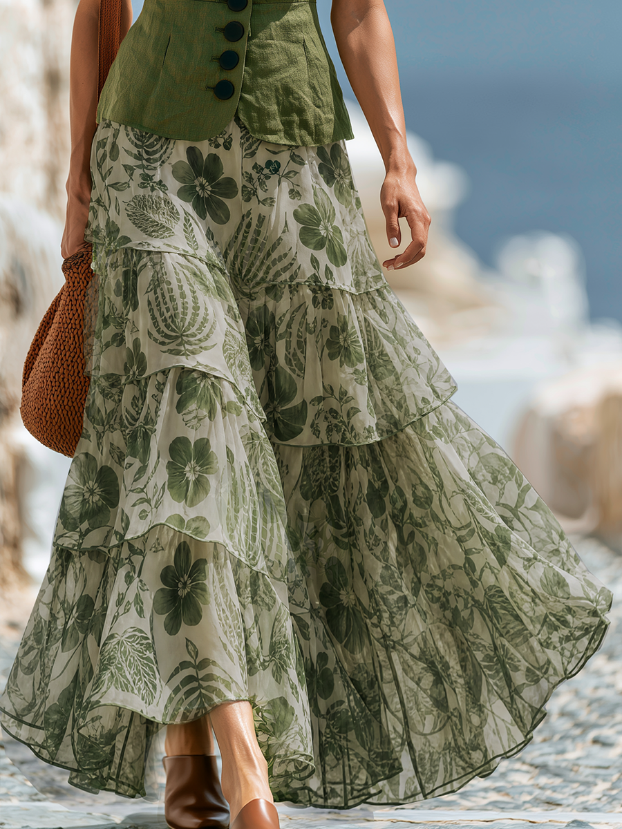 Olive Tailored Vest & Botanical Tiered Maxi Skirt Set