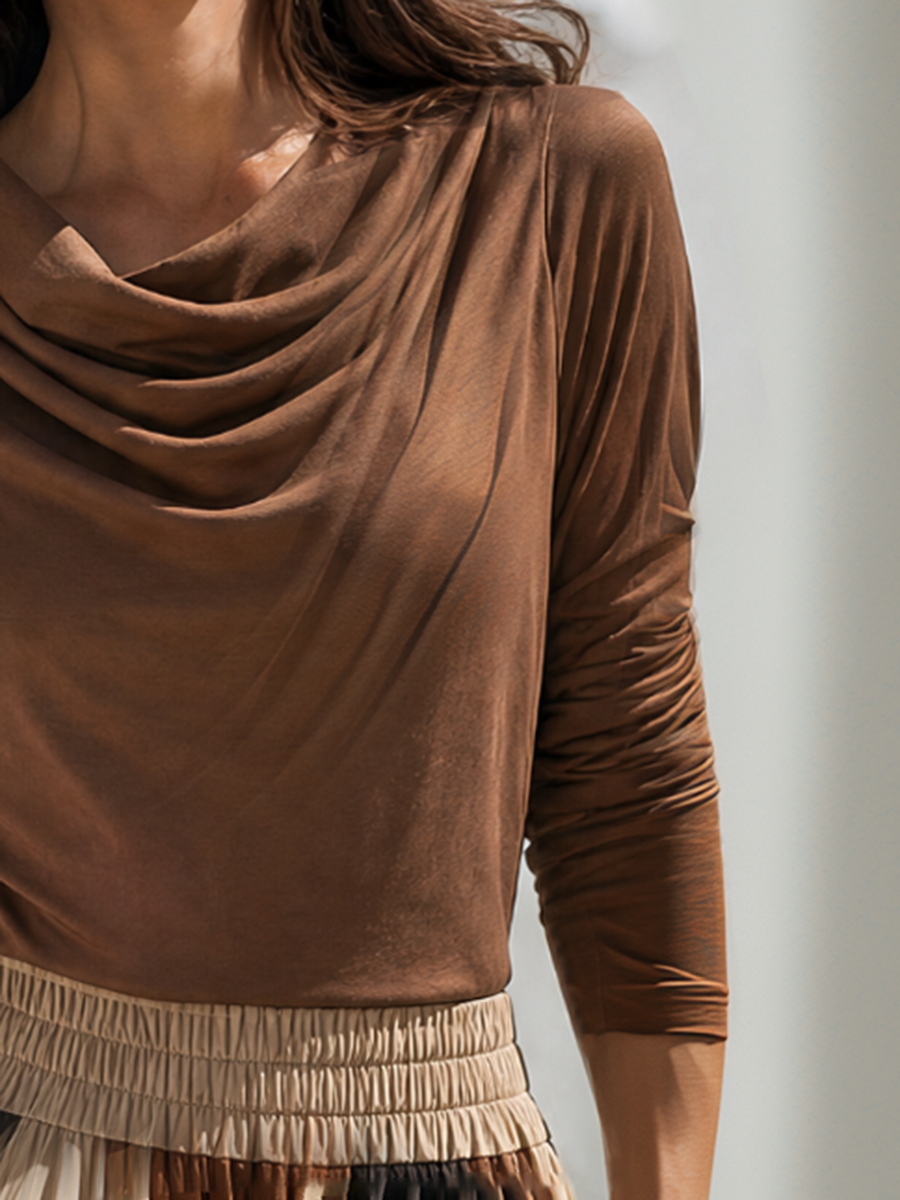 Mocha Drape Top & Geometric Flowing Maxi Skirt Set