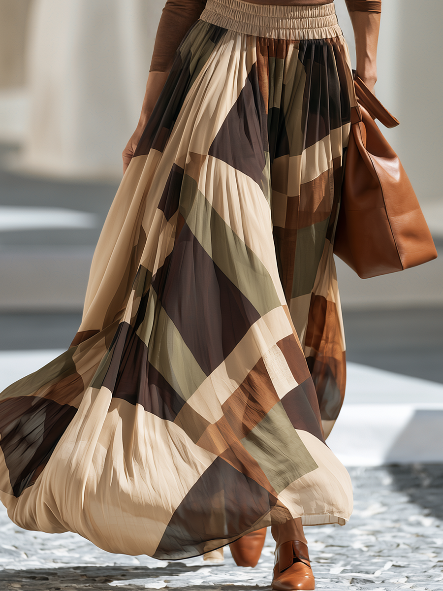 Mocha Drape Top & Geometric Flowing Maxi Skirt Set