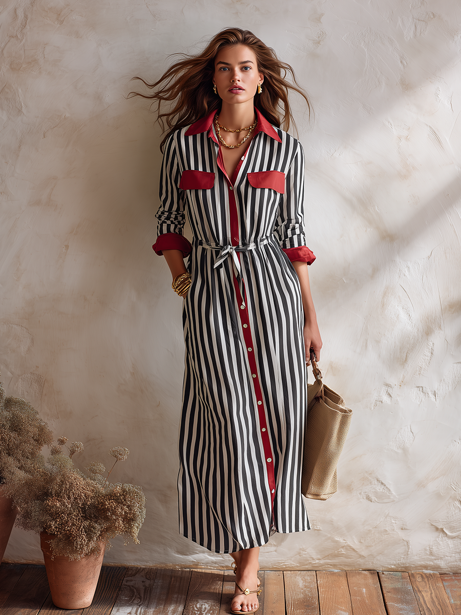 Resort-style Collared Long-sleeved Striped Midi Dress