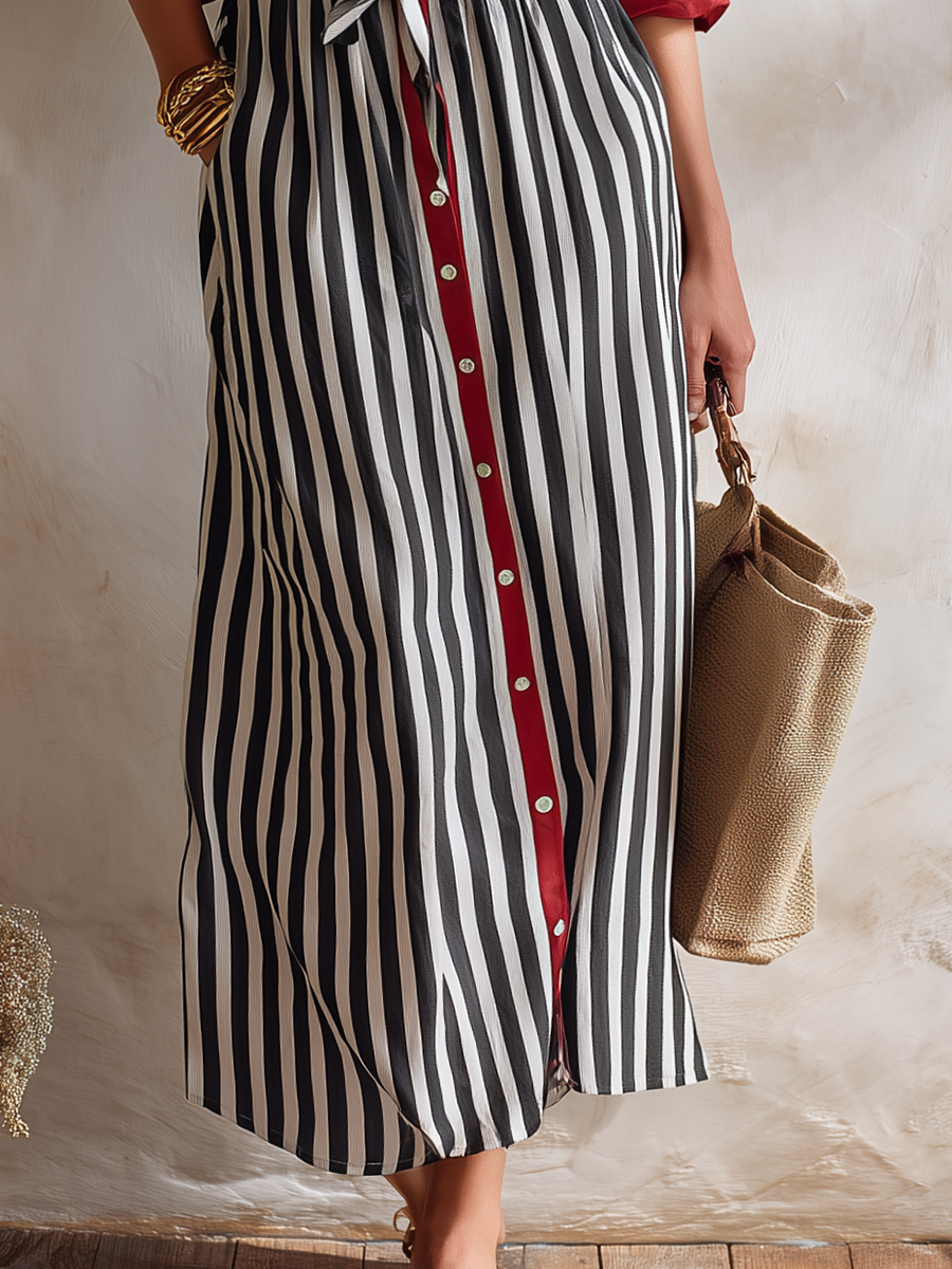 Resort-style Collared Long-sleeved Striped Midi Dress