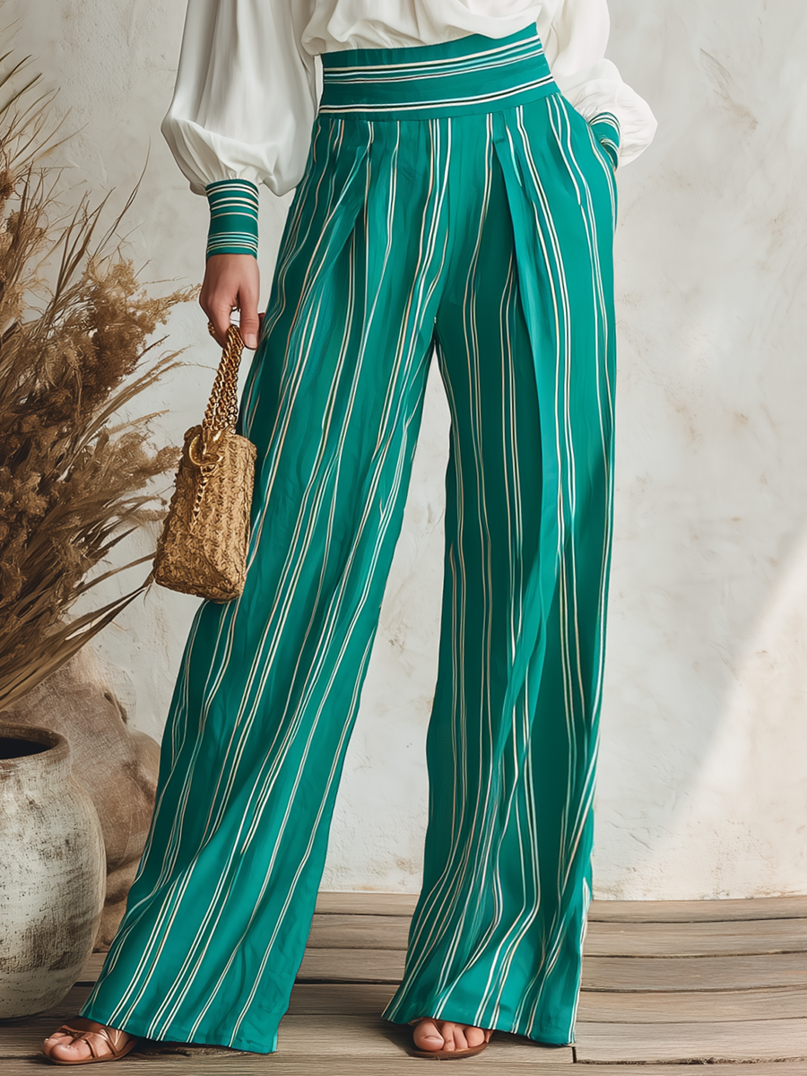 Resort-style Off-shoulder Long-sleeve Top And Striped Trousers Set