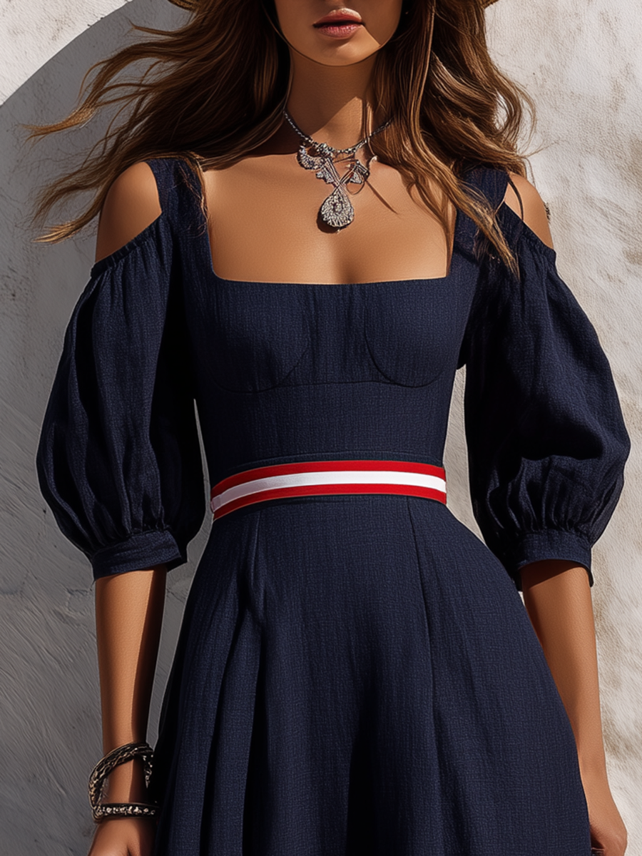 Elegant Sexy Color-blocked Trim Square Neck Cotton-linen Maxi Dress