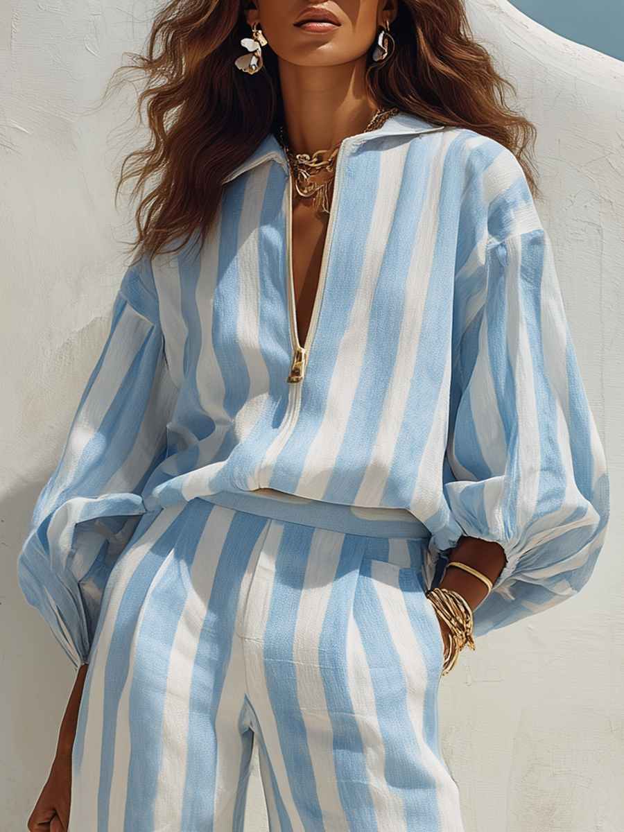 Relaxed Vacation Style Striped Half-open Shirt And Wide-leg Pants Set