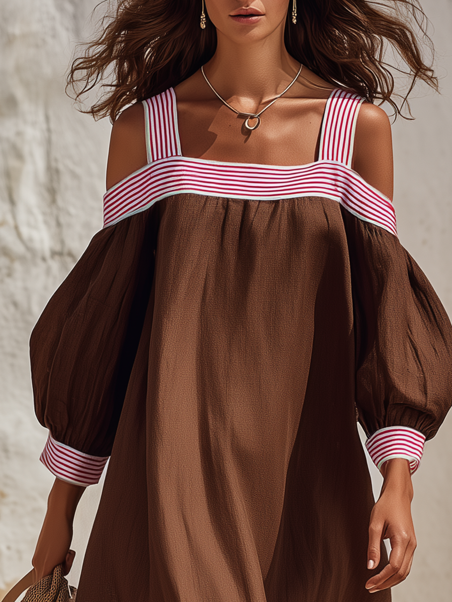 Resort-style Relaxed Striped Color-blocked Cutout Cotton-linen Dress