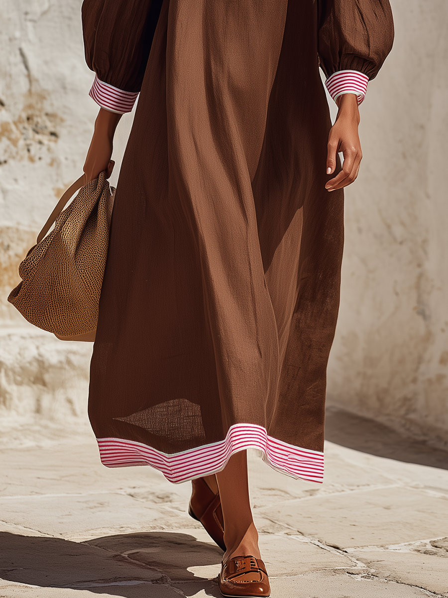 Resort-style Relaxed Striped Color-blocked Cutout Cotton-linen Dress