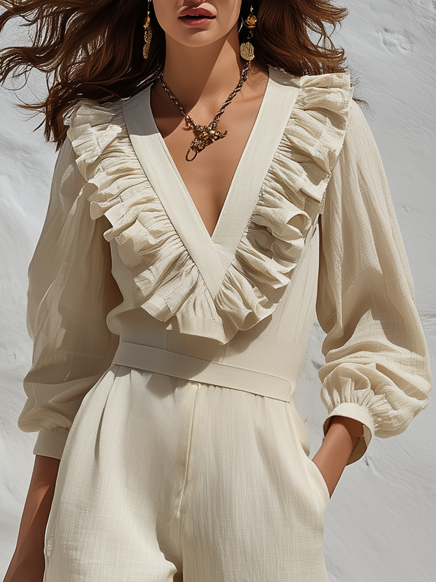 Vacation Solid Color V-neck Ruffled Cotton And Linen Jumpsuit