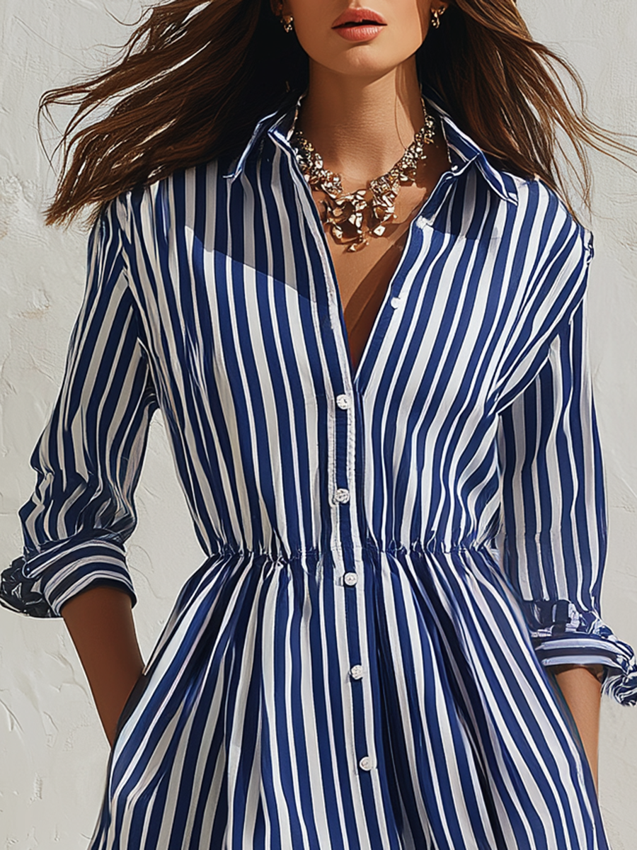 Vacation Chic Retro Color-blocked Striped Long-sleeved Mini Dress