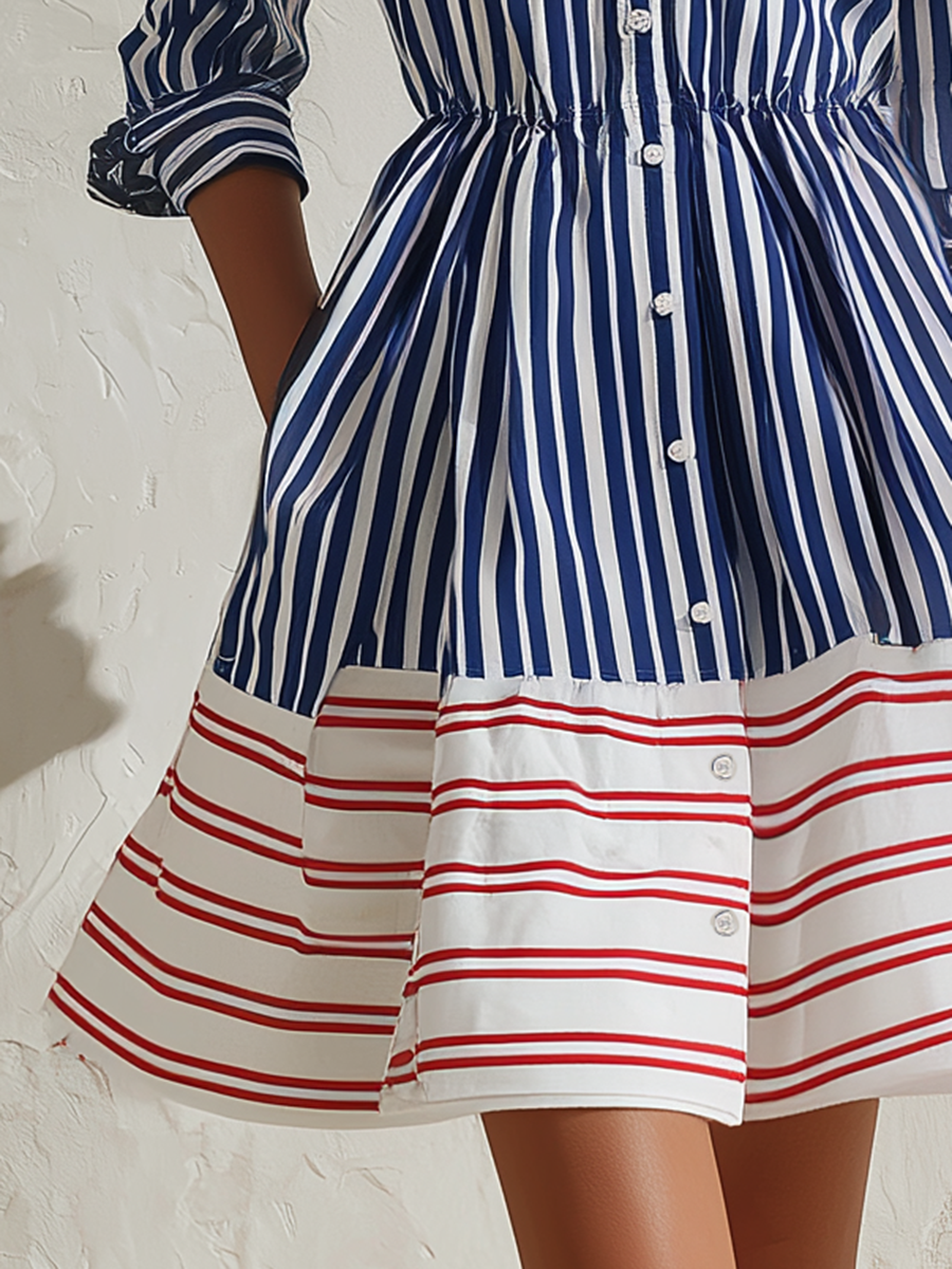 Vacation Chic Retro Color-blocked Striped Long-sleeved Mini Dress