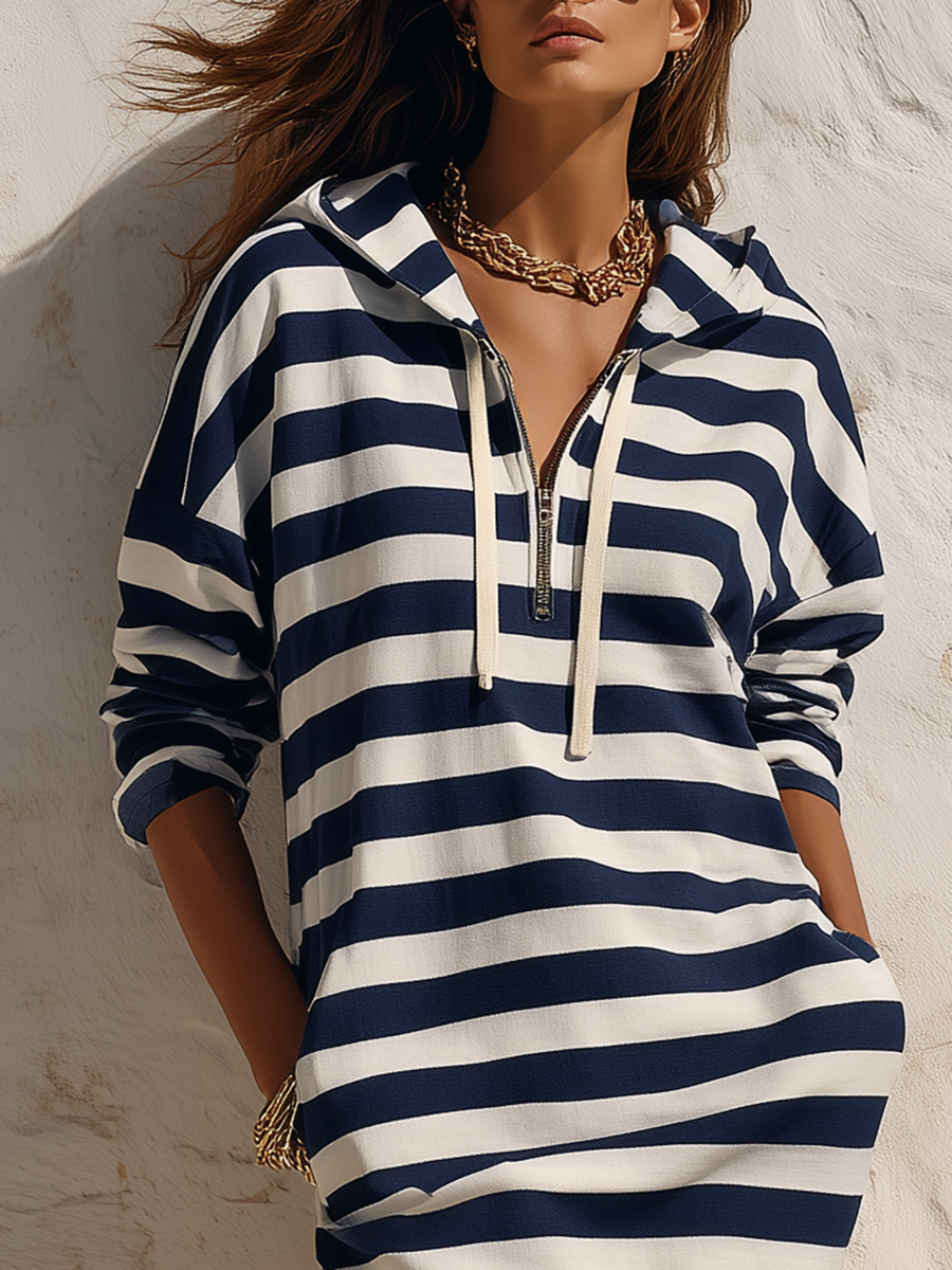 Casual And Stylish Striped Hooded Midi Dress