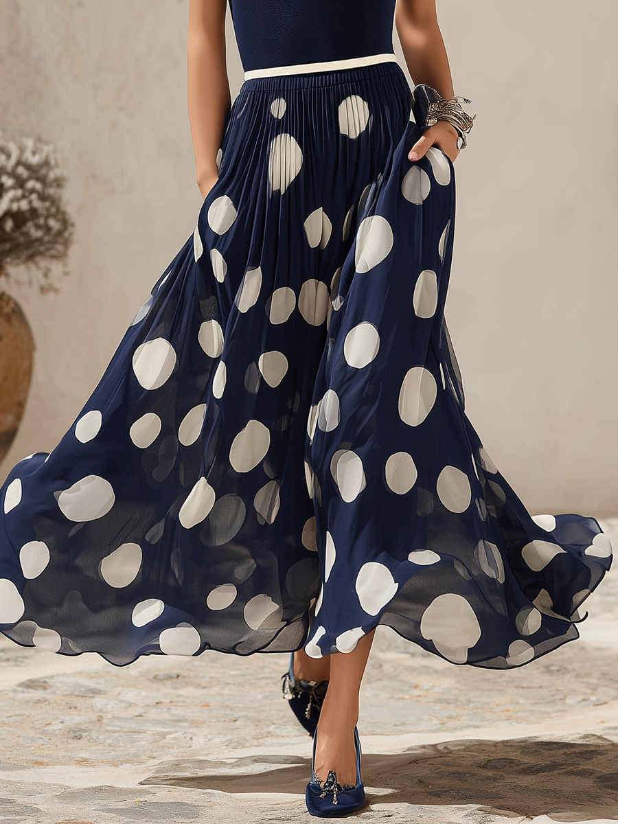Elegant Resort-style Color-blocked Polka Dot Midi Dress