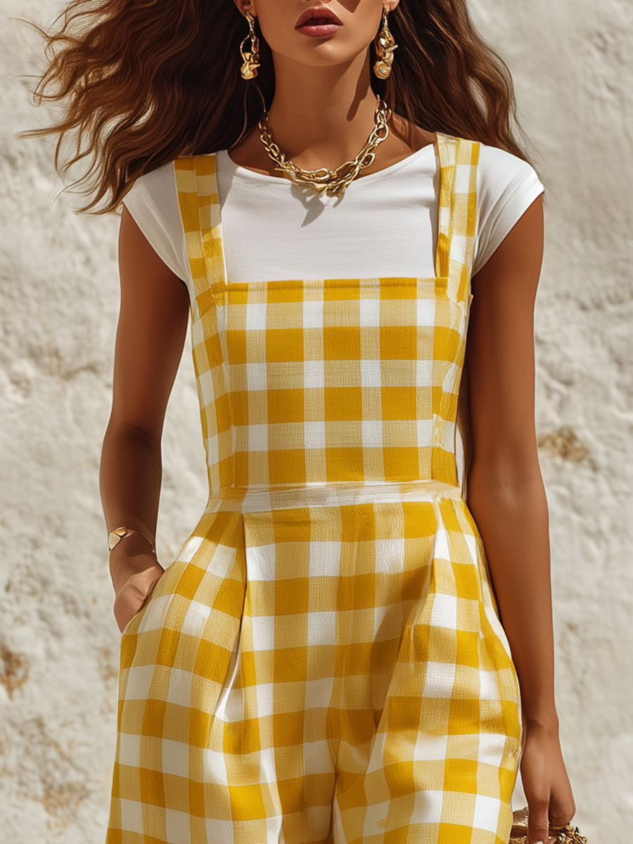 Vacation Retro-style Square-neck Plaid Overalls