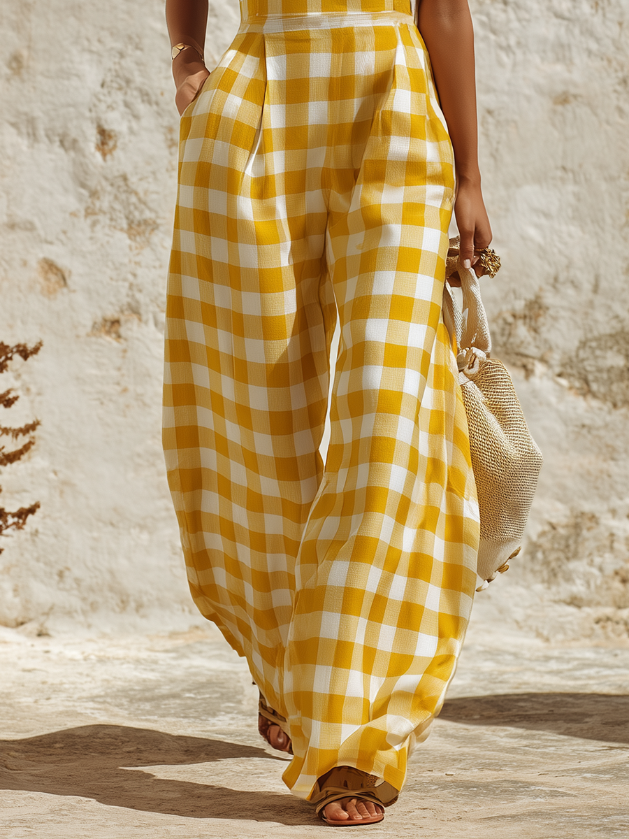 Vacation Retro-style Square-neck Plaid Overalls