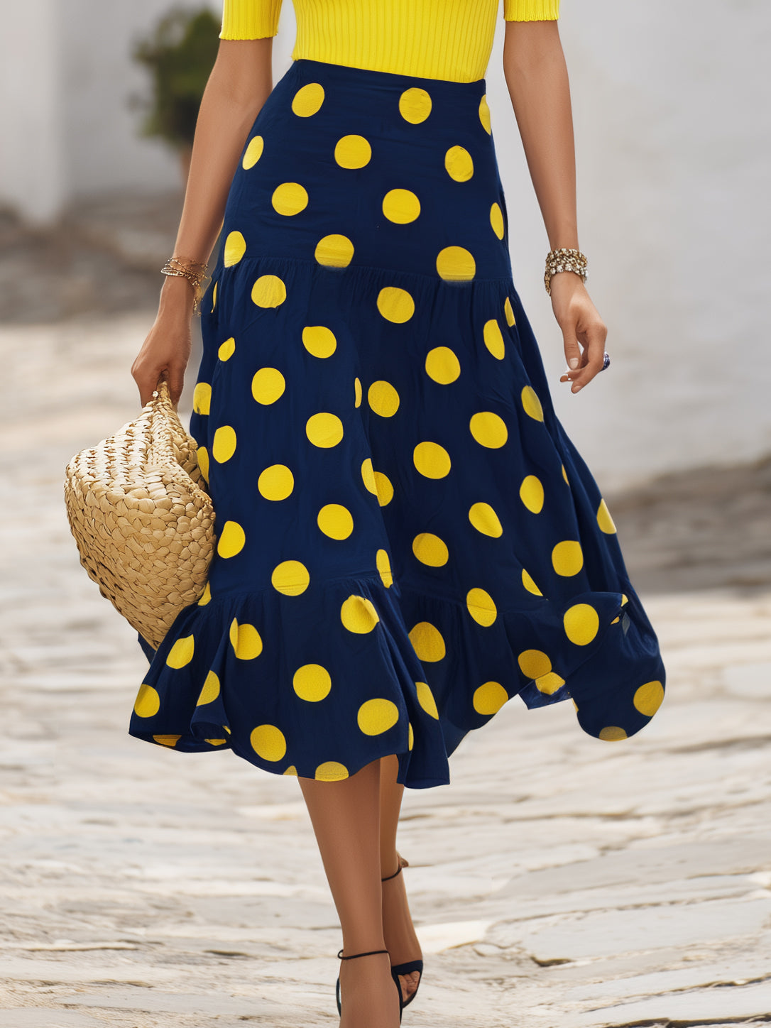 Vibrant Retro Resort Vertical Rib Knit Square Neck Top & Navy Yellow Polka Dot Tiered Midi Skirt Set