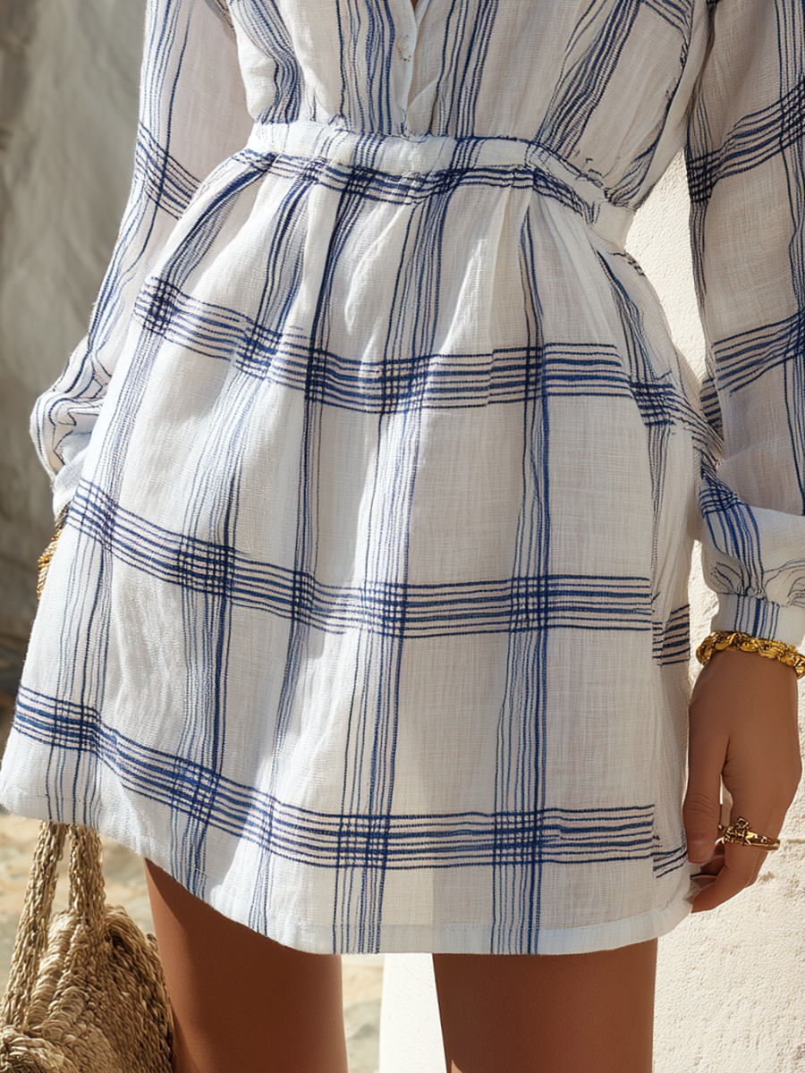 Vacation-style Collared Long-sleeve Plaid Mini Dress