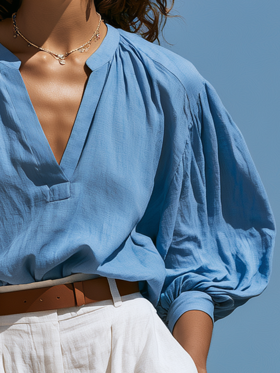 Santorini Breeze Sky Blue Blouse & White Wide-Leg Trousers Set