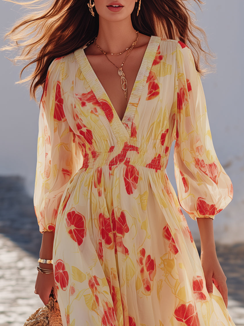 Tropical Resort Crinkled Chiffon Grapefruit Print V Neck Puff Sleeve Elastic Waist Flowy Maxi Dress