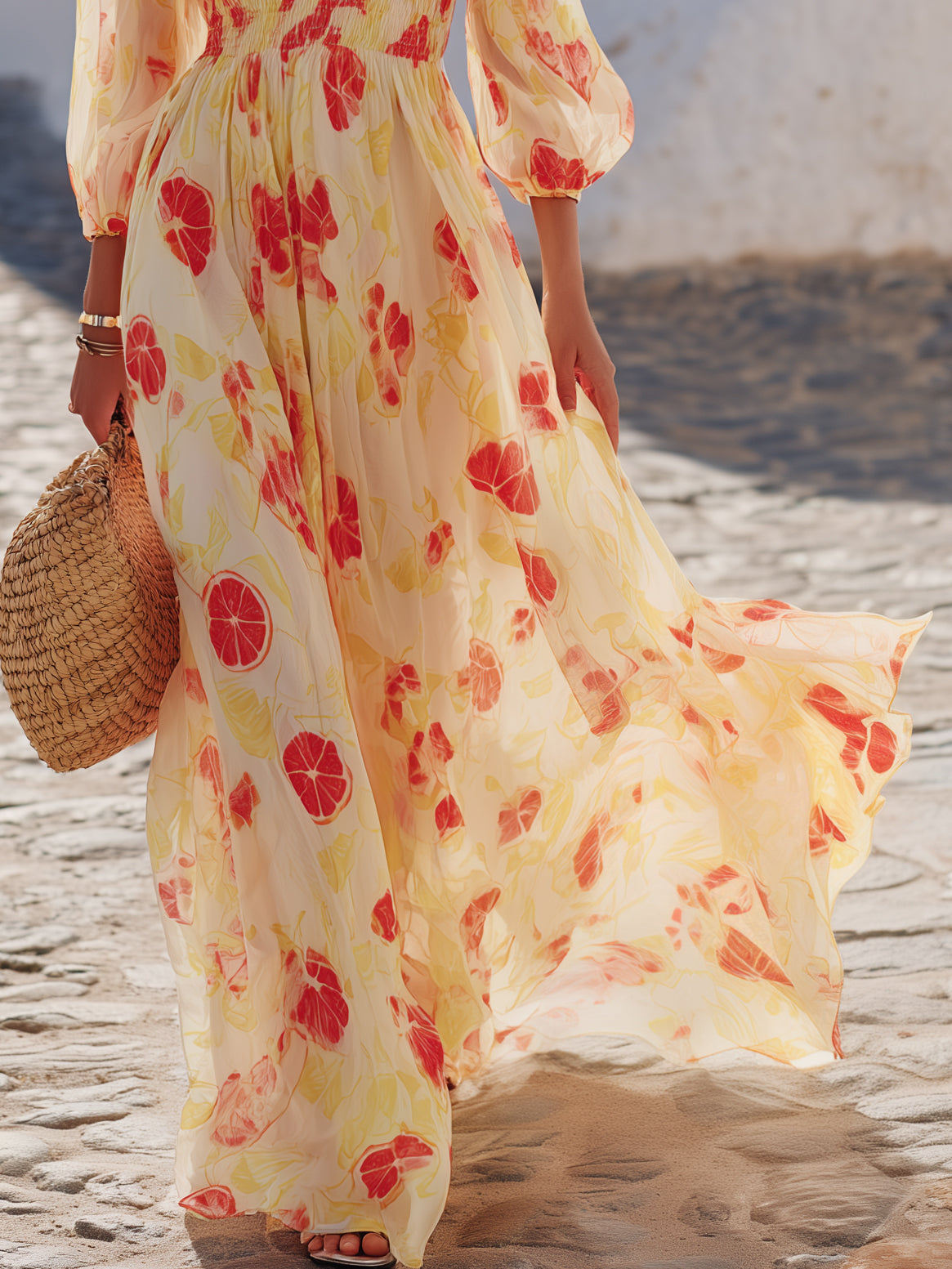 Tropical Resort Crinkled Chiffon Grapefruit Print V Neck Puff Sleeve Elastic Waist Flowy Maxi Dress