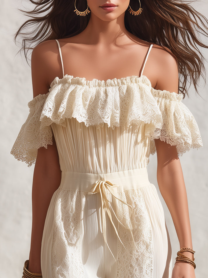 Romantic Boho Resort Crinkled Woven Lace Trim Off Shoulder Spaghetti Strap Drawstring Waist Jogger Jumpsuit