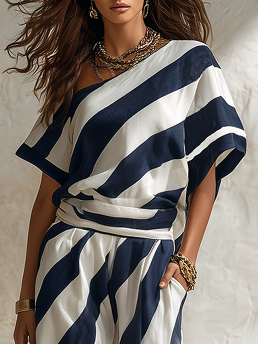 Resort-style Striped Short-sleeve One-shoulder Top And Trousers Set