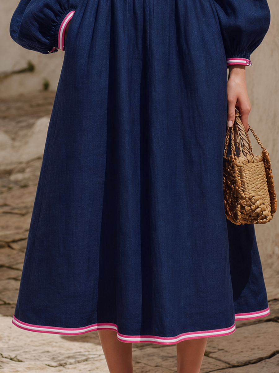 Resort-style Off-the-shoulder Long-sleeved Color-blocked Trim Midi Dress