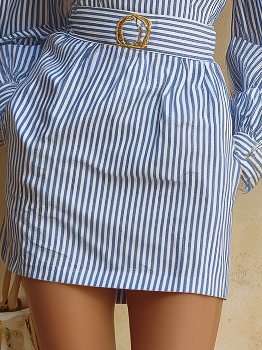 Resort-style V-neck Lantern Long-sleeved Striped Mini Dress