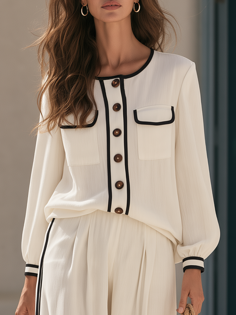 Old Money Contrast Piping Button-Front Blouse And Wide Leg Pants Two-Piece Set