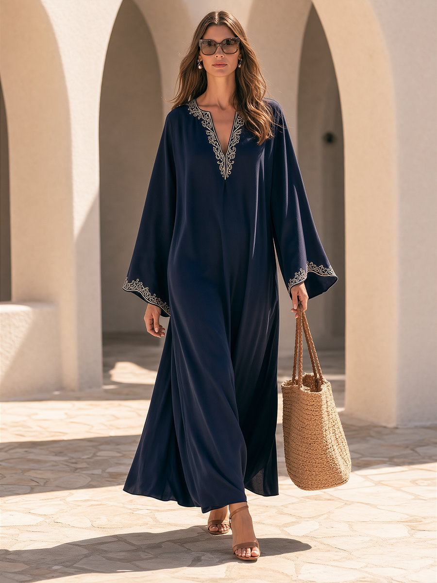 Minimalist Embroidered V-Neck Bell Sleeve Navy Maxi Dress