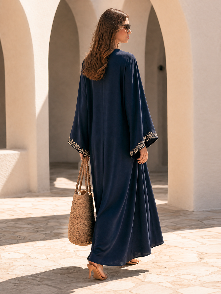 Minimalist Embroidered V-Neck Bell Sleeve Navy Maxi Dress