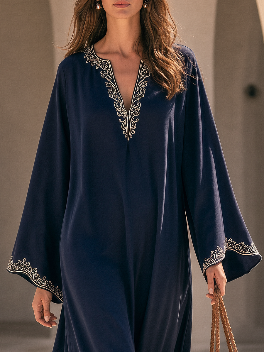 Minimalist Embroidered V-Neck Bell Sleeve Navy Maxi Dress