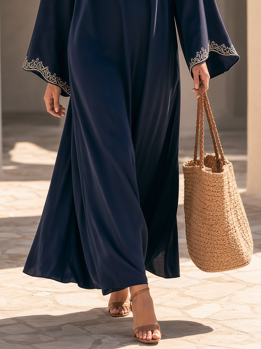 Minimalist Embroidered V-Neck Bell Sleeve Navy Maxi Dress