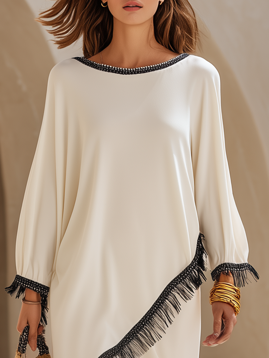 Minimalist Black Fringe Asymmetrical Hem Off-white Midi Dress