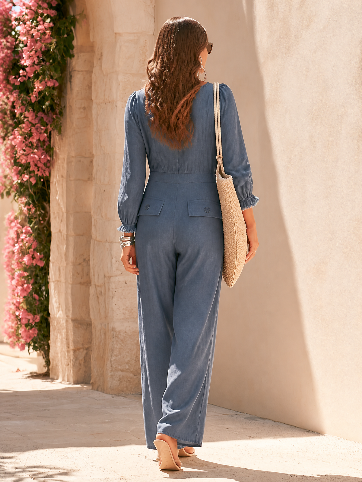 Minimalist Raw-Edge Square-Neck Long-Sleeve Wide-Leg Jumpsuit