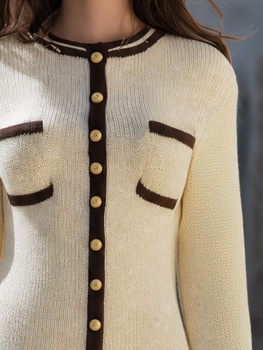 Butter Yellow Contrast-Trim Button-Front Knit Ruffle Hem Mini Dress