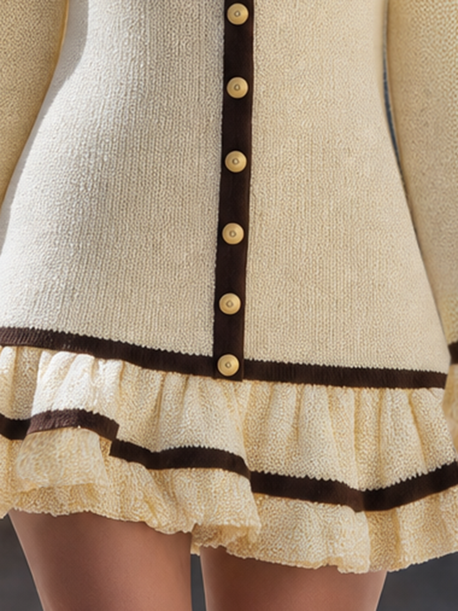 Butter Yellow Contrast-Trim Button-Front Knit Ruffle Hem Mini Dress