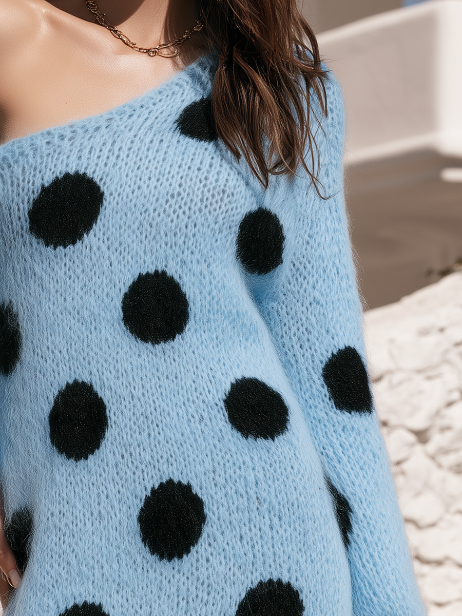 Polka Dot One Shoulder Off Shoulder Lantern Sleeve Fuzzy Mohair Loose Oversized Sky Blue Knit Sweater Mini Dress