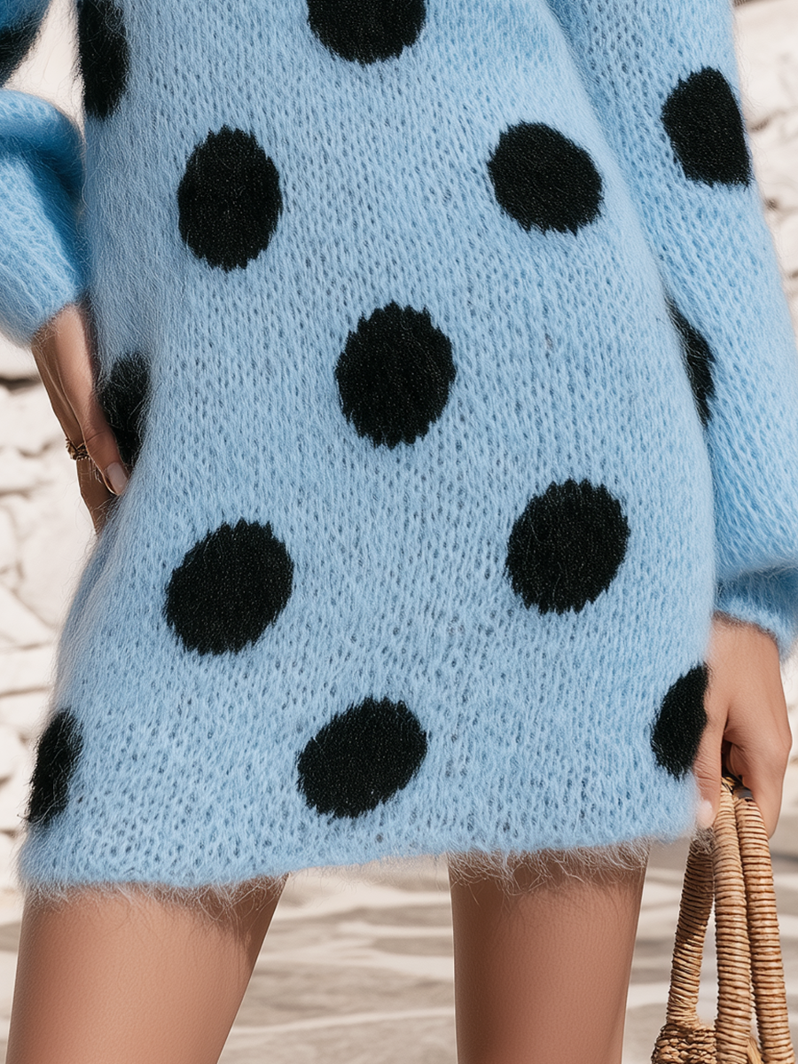 Polka Dot One Shoulder Off Shoulder Lantern Sleeve Fuzzy Mohair Loose Oversized Sky Blue Knit Sweater Mini Dress