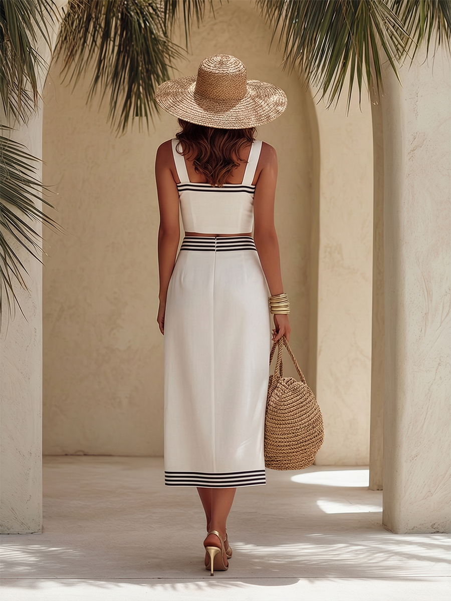 Elegant Vacation-style Black Trim Top And Skirt Cotton-linen Set