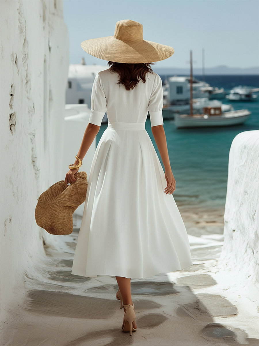 Elegant Vacation Short-sleeved A-line White Cotton And Linen Maxi Dress